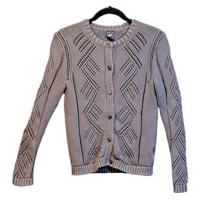 Gap Womens Grey Cotton Pointelle Knit Diamond Button Front Cardigan Sweater M